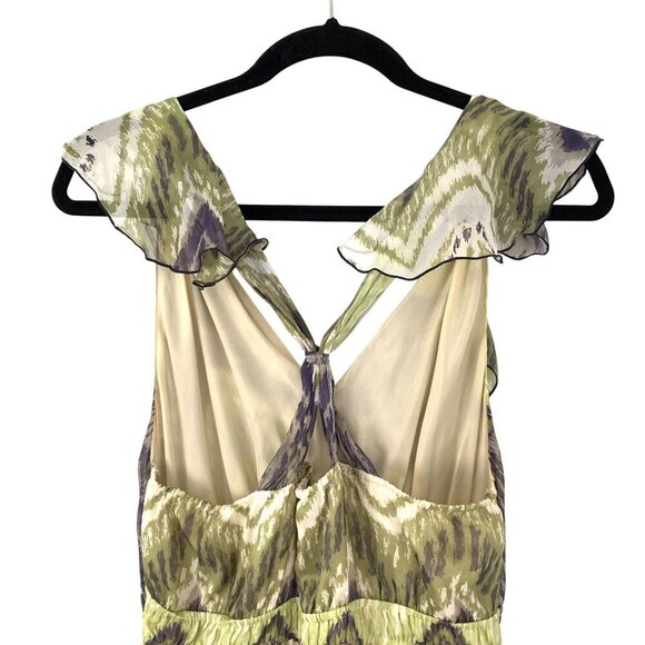 Hale Bob Green Purple Chevron Print Silk Maxi Dress Size L Ruffle Flowy Boho - Picture 5 of 9